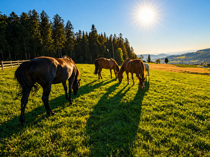 Pferdeherde auf grüner Weide im warmen Sonnenlicht mit langen Schatten und Blick über die Landschaft im Emmental