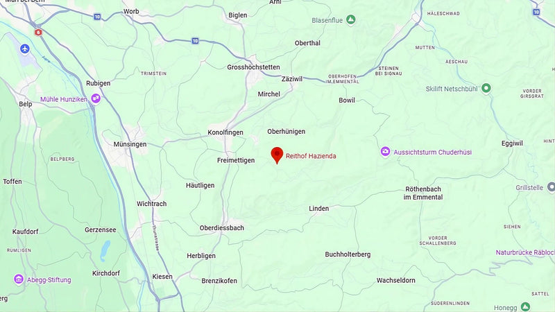 Kartenansicht mit markiertem Standort Reithof Hazienda bei Niederhünigen im Emmental